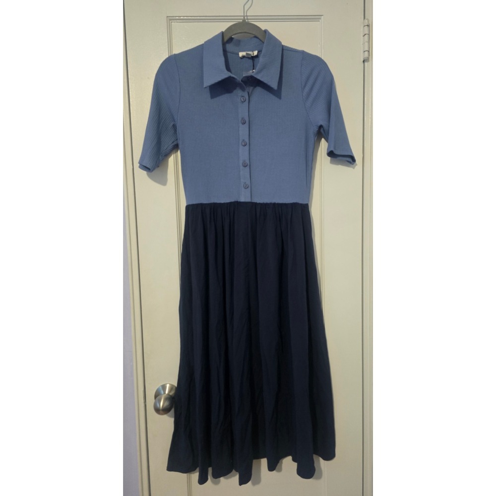 Sugarlips Women Blue Two Tone Ribbed Button Front Midi Dress XS